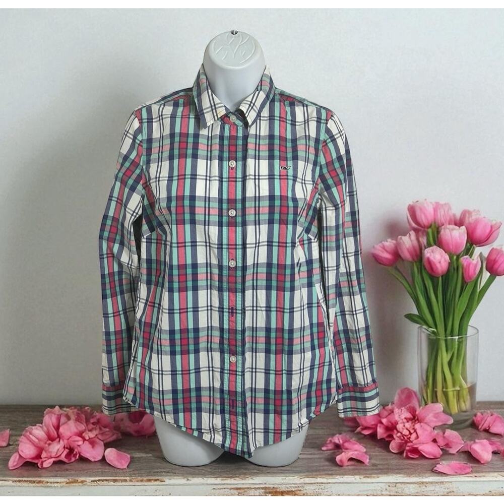 Women's Vineyard Vines Plaid Button Front Shirt Sz 2 Long-Sleeve Cotton Casual
